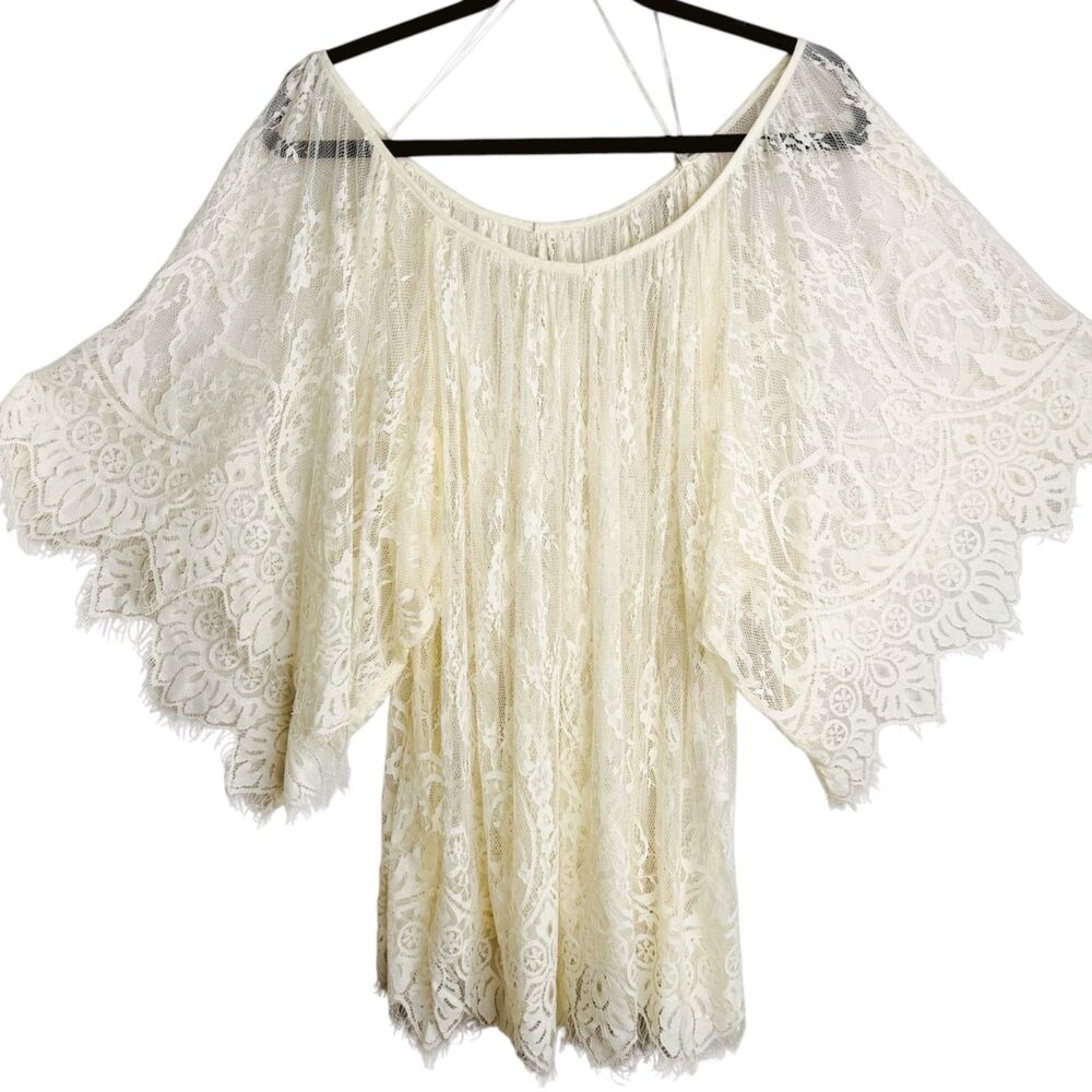 l*space its love luxe ivory sheer lace kimono top xs/s boho festival romantic